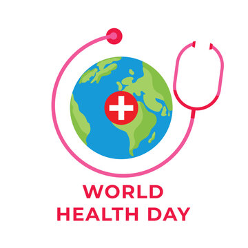 world health day banner, with pictures of the world and health equipment