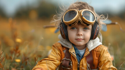 A young boy dressed as a pilot sits in a field of flowers as a plane flies in the background.