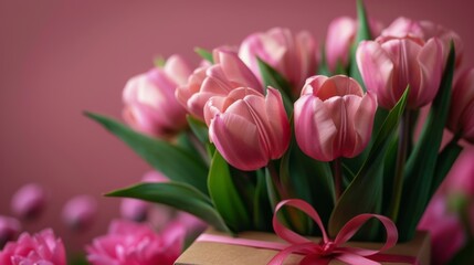 Pink Tulips in Gift Box With Pink Streamers