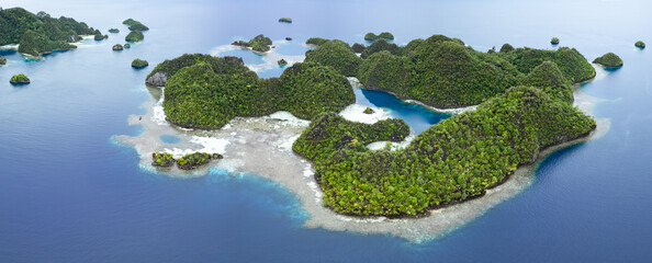 Scenic limestone islands rise from Raja Ampat's tropical seascape. This region of Indonesia is known as the heart of the Coral Triangle due to the extraordinary marine biodiversity found there.