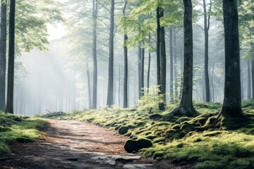 Obraz premium Serene Pathway Secluded Amongst Dense Forest Trees. Generative AI.