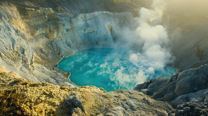The volcanic crater and acidic crater lake are turquoise at sunrise and sulfur fumes in the morning - obrazy, fototapety, plakaty