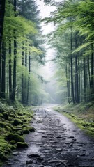 Fototapeta premium Serpentine Stream Flowing Through a Vibrant Green Forest. Generative AI.