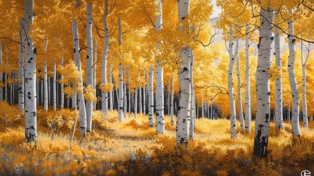 Autumnal Birch Forest with Golden Leaves