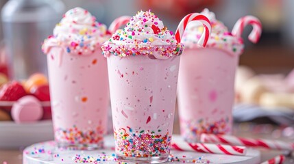 Pink milkshakes with candy cane rim