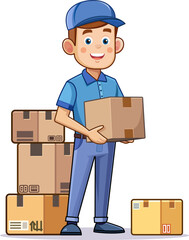 A delivery man in a blue suit holds a cardboard box in his hand, behind it lies a box, Parcel Delivery Man Brings Sale Mascot Character, Vector Illustration