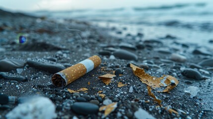 A conceptual image of a broken cigarette lying on a polluted beach, highlighting the connection between smoking and environment - obrazy, fototapety, plakaty