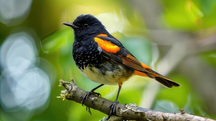 Fototapeta premium Beautiful bird with bright orange patches perched on a branch in a tropical forest