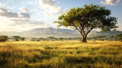 Wild savanna landscape in summer with acacia trees, grass, panoramic view.
