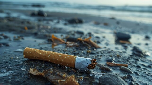 A conceptual image of a broken cigarette lying on a polluted beach, highlighting the connection between smoking and environment