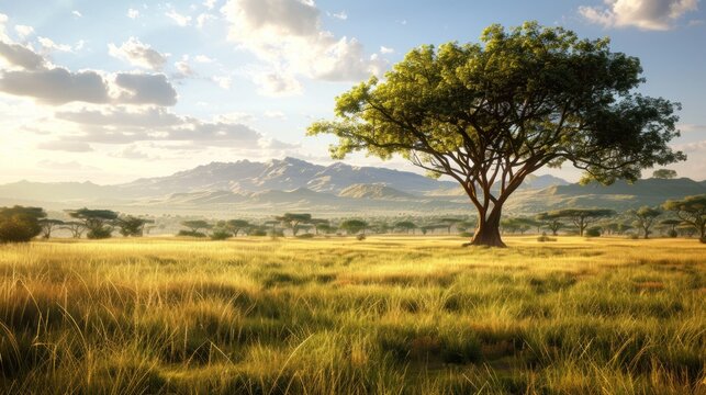 Wild savanna landscape in summer with acacia trees, grass, panoramic view.
