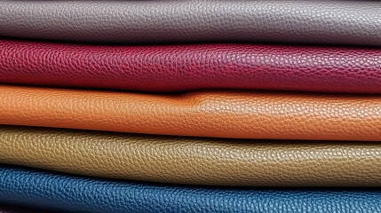 A row of leather items with different colors and textures. The colors include purple, brown, and red