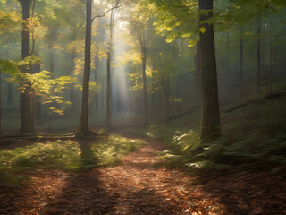 In the forest, sunlight filters through the leaves of the tree