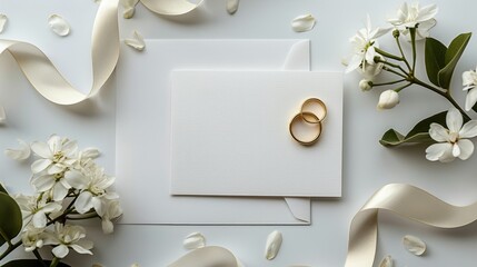Wedding Rings and Flowers on White Background