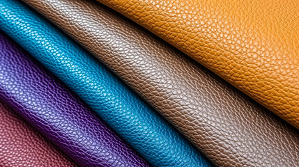 A row of leather items with different colors and textures. The colors include purple, brown, and red