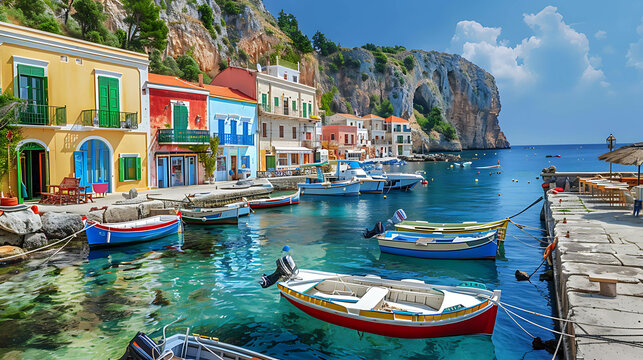 The image is of a beautiful harbor with colorful buildings and boats. The water is crystal clear and the sky is sunny with a few clouds.