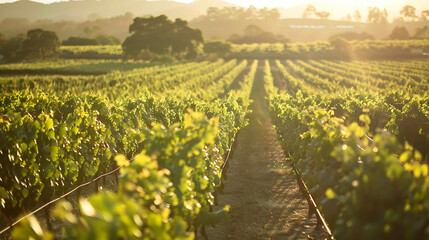 Rows of grape vines in a lush, green vineyard. The setting sun casts a warm glow over the vines. - obrazy, fototapety, plakaty