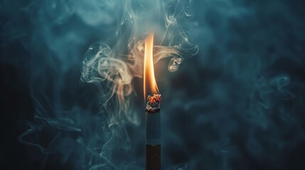 A dark and ominous image of a cigarette burning with intense smoke, creating a dramatic and scary atmosphere