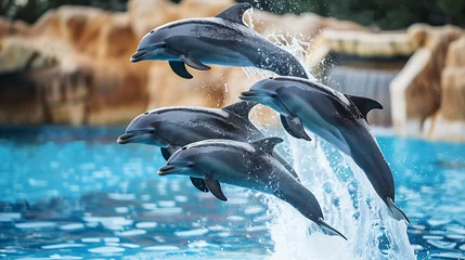 Foto op Plexiglas Four dolphins jumping out of the water in a beautiful display of grace and agility. © Mahire 