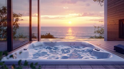 Open air bath on the balcony of the cottage with a sunset in the background