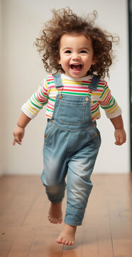 A full body photo of a happy little girl with curly hair wearing denim overalls and a colorful striped t-shirt, sneakers, in a playful pose with a smiling face. children fashion concept