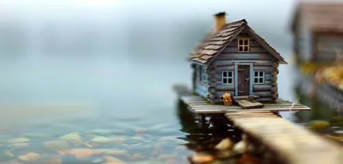 Foto op Plexiglas A peaceful little lakefront cabin with a pier extending into the placid seas © Stone Shoaib