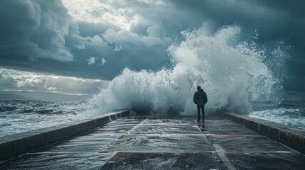 young man standing facing the sea standing on the pier facing the sea with big waves hitting the shore - Powered by Adobe