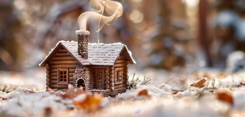 A quaint little log cottage with smoke streaming from its chimney, tucked away in a wintry forest