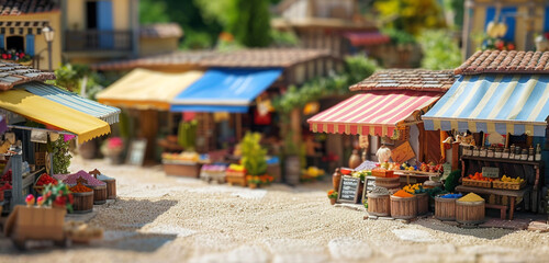 A quaint miniature village square, with a bustling market and colorful awnings shading the stalls - obrazy, fototapety, plakaty