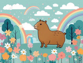 Capybara and rainbow pattern. Cute cozy wildlife background woth animal rainbow and plants in trendy collage style