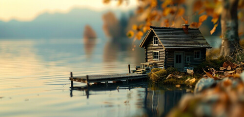 A serene miniature lakeside cabin, with a dock stretching out into the calm waters - obrazy, fototapety, plakaty