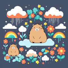 Capybara seamless pattern. Cute cozy wildlife seamless background woth animal rainbow and plants in trendy collage style