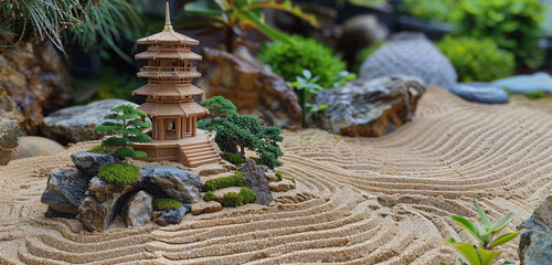 A serene miniature zen garden with a tiny pagoda and meticulously raked sand