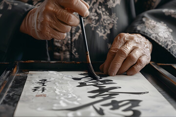 a calligrapher's hands gracefully writing characters with a traditional brush and ink - obrazy, fototapety, plakaty