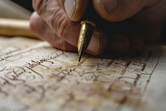 a calligrapher's hands writing elegant script with a traditional dip pen and ink