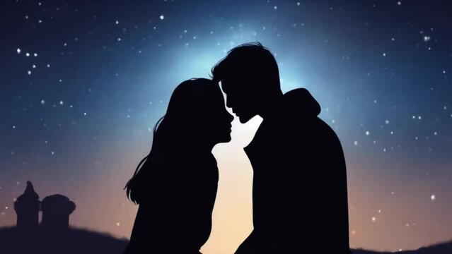 Silhouettes of young couple under starry sky, man and woman at night, romantic date, Generative AI
