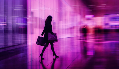 A silhouette of a woman in a coat carrying shopping bags walks through a city over a pink and purple hue - 765763001