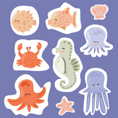 Big set with flat design ocean animals pastel colours