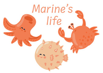 Flat design set with marine ocean animals octopus crab fish