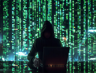 A hacker in a hoody sits in front of a laptop with a green binary code background