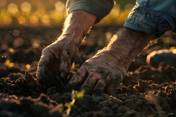 a farmer's hands harvesting crops in the field, fingers stained with soil and sweat as they toil under the sun to bring in the harvest - obrazy, fototapety, plakaty