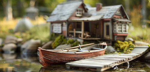 An idyllic miniature lakeside chalet, with a rowboat moored at the wooden dock