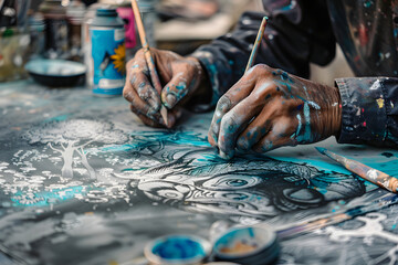 a graffiti artist's hands creating intricate stencil designs for street art