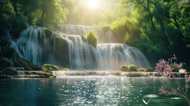 rainforest misty waterfall and river landscape at vibrant sunlight. VideoHD 