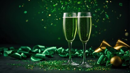 Celebrate St. Patrick's Day Patrick in style with two festive glasses of chilled green champagne. poster background. Perfect for parties, toasts, or special events. AI generated