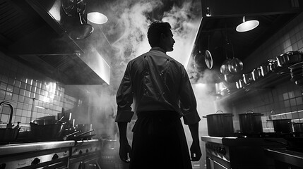 Capture the intense focus on a celebrity chef facing culinary challenges Show their silhouette in a dramatic kitchen setting, emphasizing the determination and skill