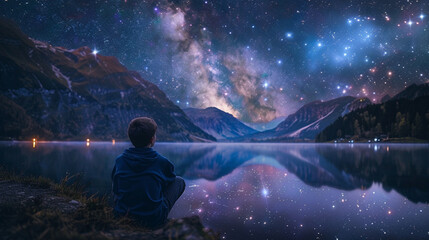 An image of a person sitting by a tranquil lake, the water reflecting the stars above and mirroring the cosmic dance of the universe