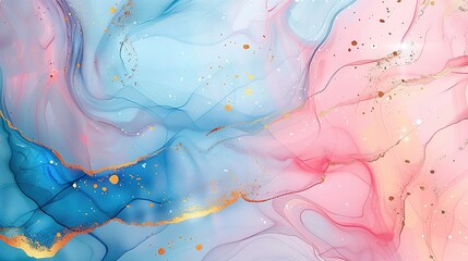 Abstract pink and blue marble background with golden veins pain	
