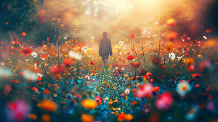 A photo of a person walking through a field of wildflowers, their energy blending with the natural...