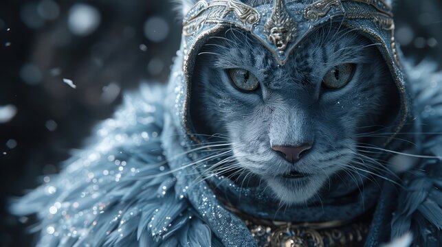 A realistic cat warlord prince, clad in frost-etched armor, gazes solemnly, commanding a powerful presence amidst a snow-laden landscape.